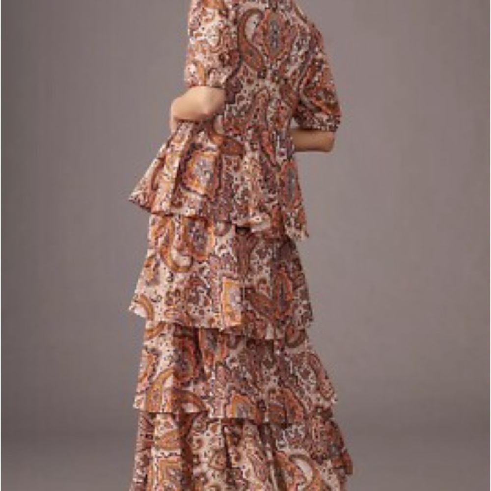 Anthropologie Brown Tan Ruffled Tiered Maxi Dress